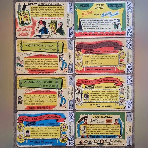 Lot of 8 RARE 1959 Humorous Comic Quiz Postcards • Cheer-Up Card Company - Picture 1 of 3